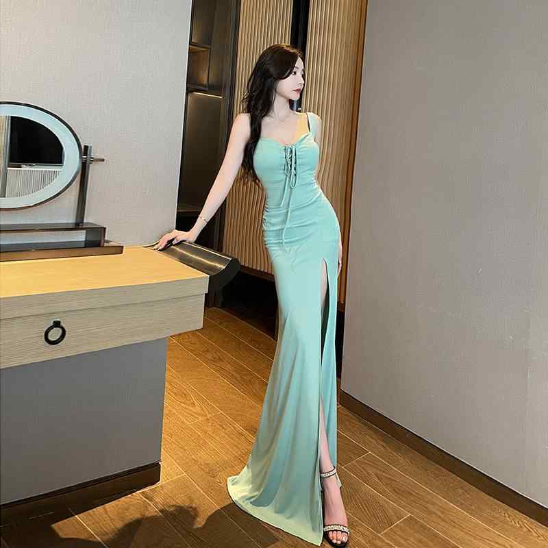 ドレス レディース セクシー ロングドレス ナイトクラブ イブニングドレス ハイ スリット バックオープン ディープVネック ハイウエスト フロア丈 パーティードレス フォーマル ポリエステル ブラック ライトグリーン ホワイト