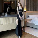 礼服 レディース 深Vネック マキシ丈 ノースリーブ セクシー スリット レース カットアウト バックオープン エレガント スタイルアップ パーティー フォーマル イブニング ポリエステル ブラック ハイウエスト 切り替え