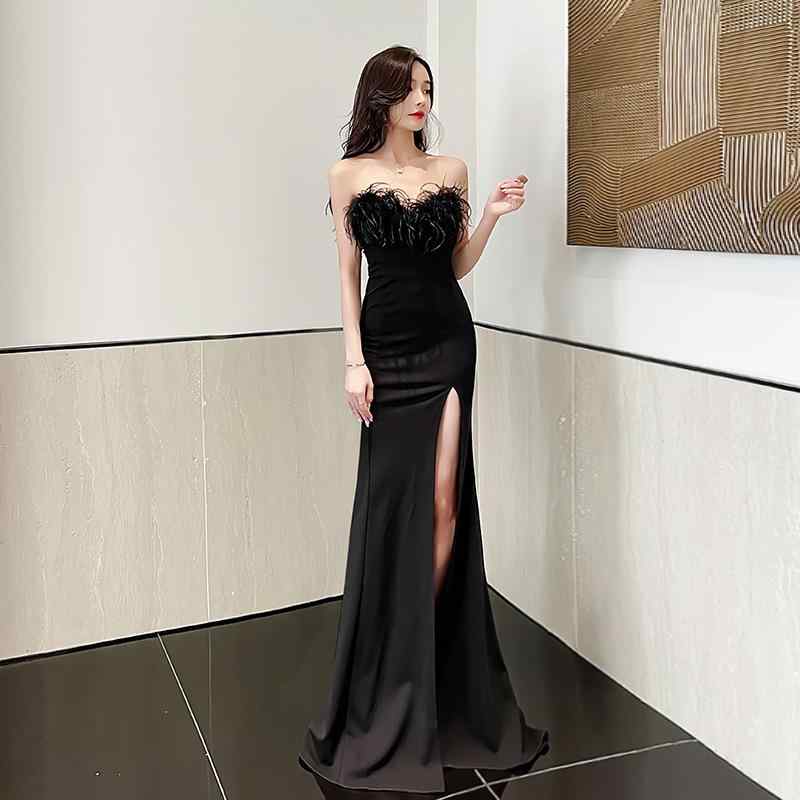 ドレス レディース 女性用 バックレス セクシー スリット ロング丈 ベアトップ フロア丈 イブニングドレス パーティー フォーマル ブラック ポリエステル ノースリーブ ハイウエスト 切り替え