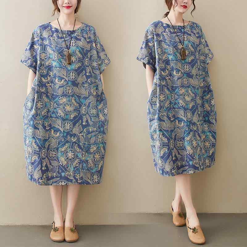 ワンピース レディース 春夏 レトロ ヴィンテージ 花柄 綿麻 半袖 体型カバー ゆったり 大きいサイズ Aライン ミモレ丈 クルーネック カジュアル リラックス 普段使い