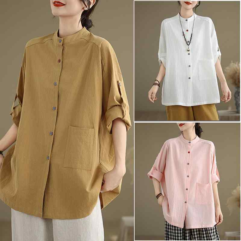 シャツ レディース レトロ スタンドカラー トップス 綿麻 リネン ゆったり ブラウス オフィス カジュアル 通勤 ミドル丈 長袖 秋冬 ホワイト ピンク カーキのサムネイル