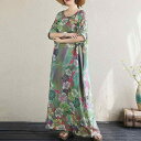 ワンピース レディース 春夏 ラウンドネック 半袖 ロング丈 ゆったり 大きいサイズ 総柄 ボヘミアン リゾート ビーチドレス 綿 コットン ポリエステル グリーン カジュアル ビッグシルエット