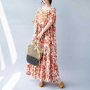 レディース ワンピース 大きいサイズ ゆったり プラスサイズ 綿麻 半袖 フリルスリーブ プリント ロング丈 Aライン フレア ラウンドネック オレンジ リーフ柄 春夏 ナチュラル リラックス カジュアル