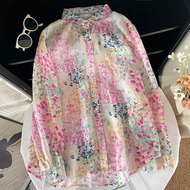 レディース シャツ マカロンカラー 上質 綿麻素材 小花柄プリント 長袖 薄手 ゆったり ルーズフィット 襟付き レギュラー丈 カジュアル きれいめ 通勤 デイリーユース 春夏