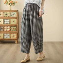 レディース ワイドパンツ 春夏 レトロ 小柄チェック 綿麻 酵素洗い加工 ゆったり 九分丈 細見え カジュアル 薄手 ノンストレッチ ミッドライズ 切り替え(4)
