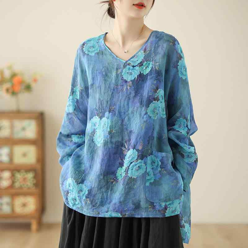 シャツ レディース ゆったり 綿麻 コットンリネン Vネック プリント 長袖 ドロップショルダー ワイドシルエット ブルー 秋冬 快適 カジュアル リラックス 通勤 普段使い ブラウス トップスのサムネイル