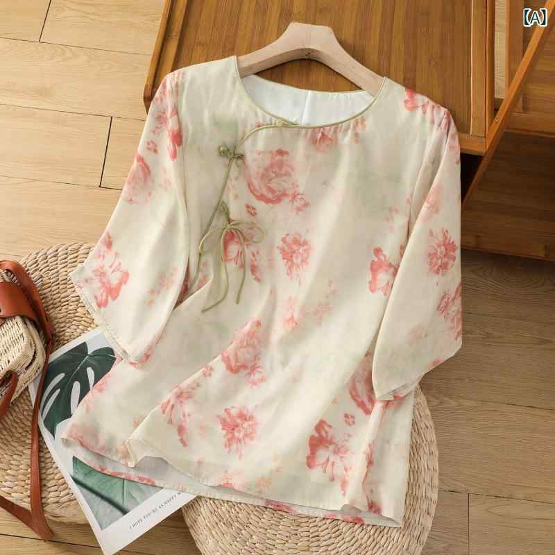 シャツ ブラウス レディース レトロ 綿麻 花柄 七分袖 フリル袖 斜め襟 飾りボタン プルオーバー ゆったり トップス カジュアル 普段使い ピンク ブルー