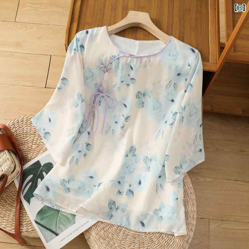 シャツ ブラウス レディース レトロ 綿麻 花柄 七分袖 フリル袖 斜め襟 飾りボタン プルオーバー ゆったり トップス カジュアル 普段使い ピンク ブルー