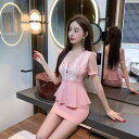 制服 レディース ホテル受付 エステ スパ 美容 セラピスト セクシー 上品 セットアップ ショートパンツ Vネック 半袖 吸湿速乾 ポリエステル ピンク ブラック(x2)
