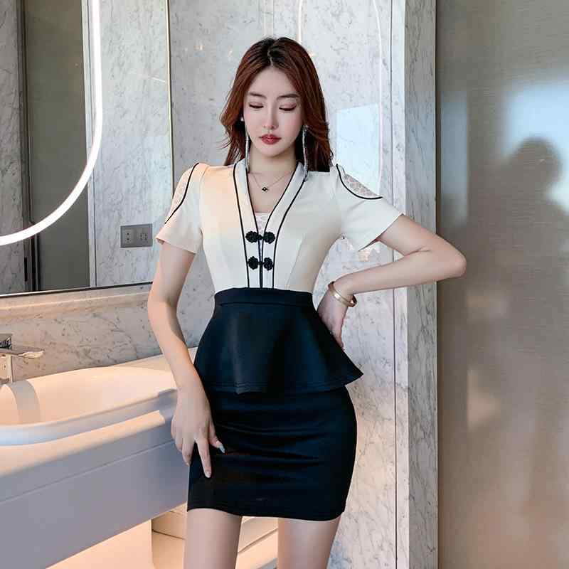 ユニフォーム レディース セットアップ 上品 エレガント 高級感 サロン エステ 美容師 フットケアセラピスト 事務 受付 Vネック 半袖 長ズボン 吸湿速乾 ポリエステル スパンデックス ブラック ネイビー 春夏(x2)