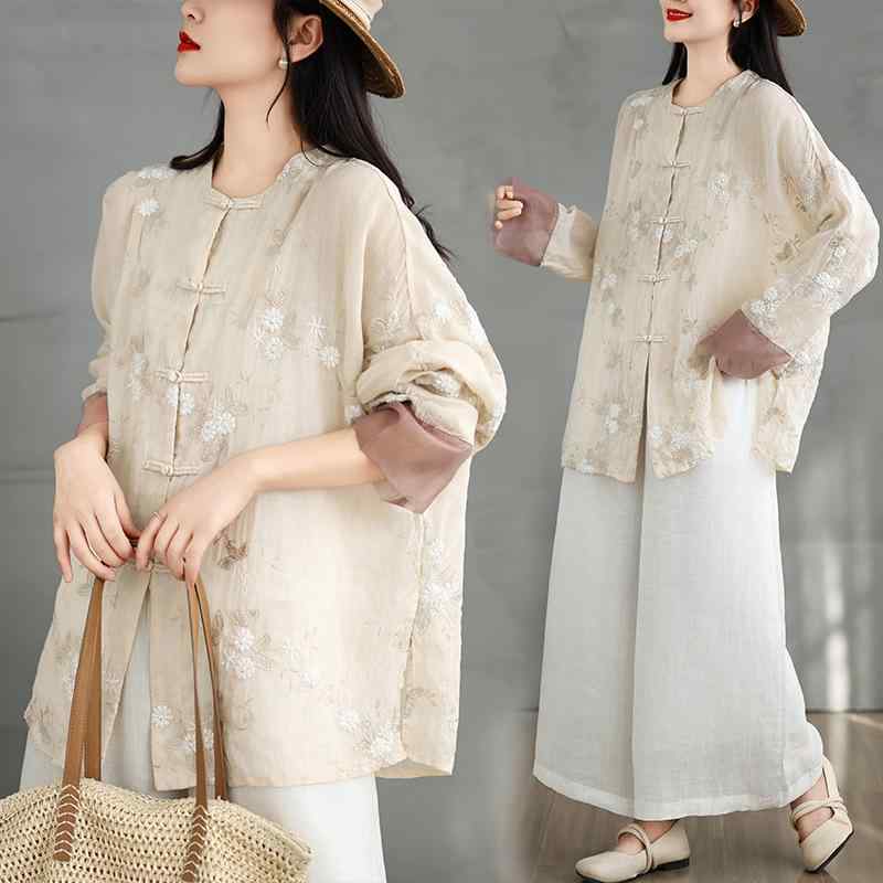 ジャケット 羽織り レディース 新チャイナ風 エスニック レトロ 刺繍 UVカット 綿麻 ゆったり 涼しい ミドル丈 丸首 アプリコット 春夏 デイリー カジュアル