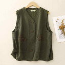 ベスト レディース 春夏 デニム ワークテイスト レトロ 刺繡 ポケット付き ジレ 綿麻素材 ミドル丈 フロントボタン 通勤 オフィス 大人カジュアル カーキ ブラウン ミリタリーグリーン