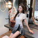 ユニフォーム レディース 改良チャイナドレス風 美容 エステ サロン スパ 施術 整体 リラクゼーション 半袖 Vネック ミドル丈 ショートパンツ 上下セット 吸湿速乾 ポリエステル 黒(x2)