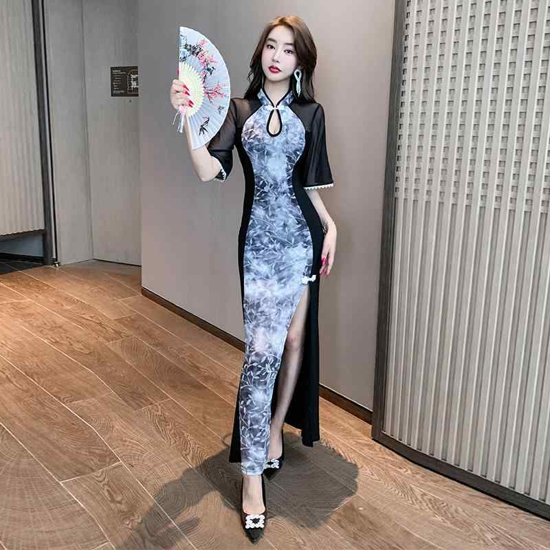 ワンピース レディース 改良チャイナドレス レトロ ロング丈 高級感 フレンチシック セクシー スリット フォーマル 細見え Iライン 立ち襟 半袖 ブラック ポリエステル 秋冬(x2)