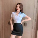シャツ レディース ホテル エステ スパ 制服 ユニフォーム 深Vネック 半袖 ポロ襟 ショート丈 ヒップライン強調 セクシー 吸湿速乾 ポリエステル 春夏(x2)