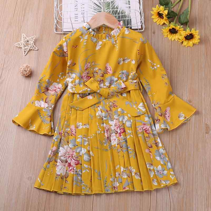 ワンピース 女の子 キッズ 春秋 長袖 花柄 プリンセスドレス お姫様風 イエロー 綿混 ポリエステル フ..