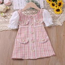 ワンピース 女の子 キッズ 子供服 秋 プリンセス 韓国風 格子柄 チェック パールボタン ポンポン飾り パフスリーブ Aライン エレガント 上品 ポリエステル 綿混 ピンク ブルー