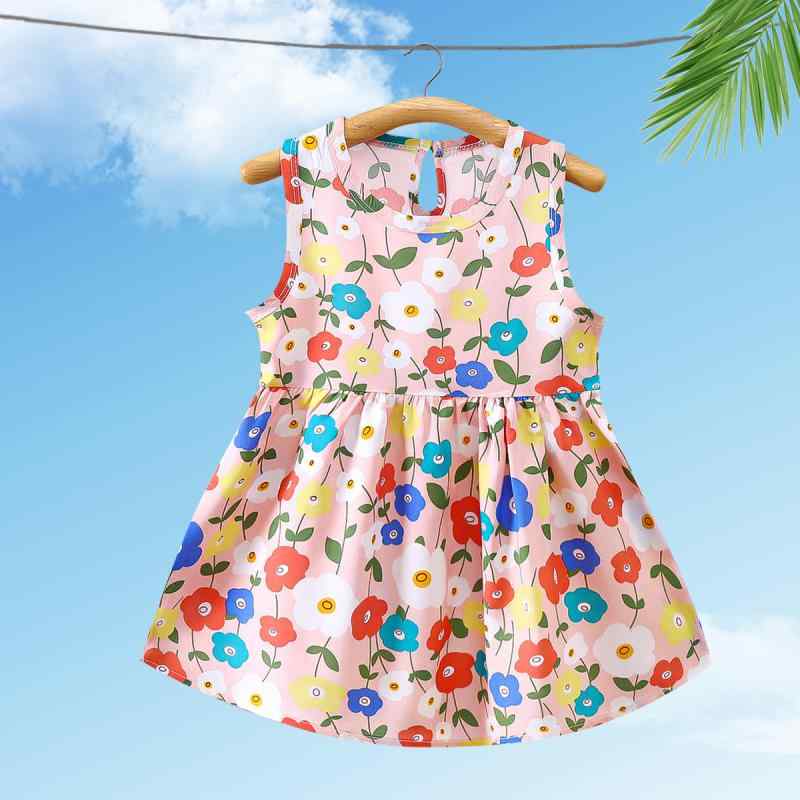 キッズ 女の子 ワンピース ノースリーブ 再生繊維 綿混 Aライン 夏物 総柄 花柄 ストライプ チェック 水玉 キャラクター 動物柄 部屋着 普段使い