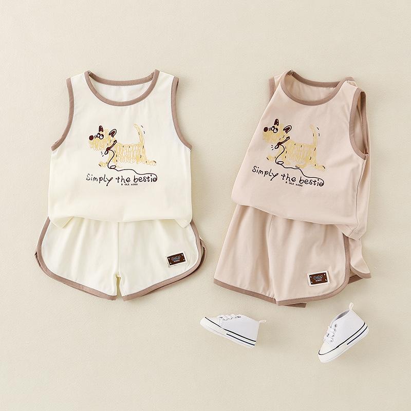 ベビー服 男の子 春夏 ノースリーブ ベスト ショートパンツ 2点セット 綿 Aクラス 薄手 カジュアル 部屋着 普段使い ベージュ カーキ