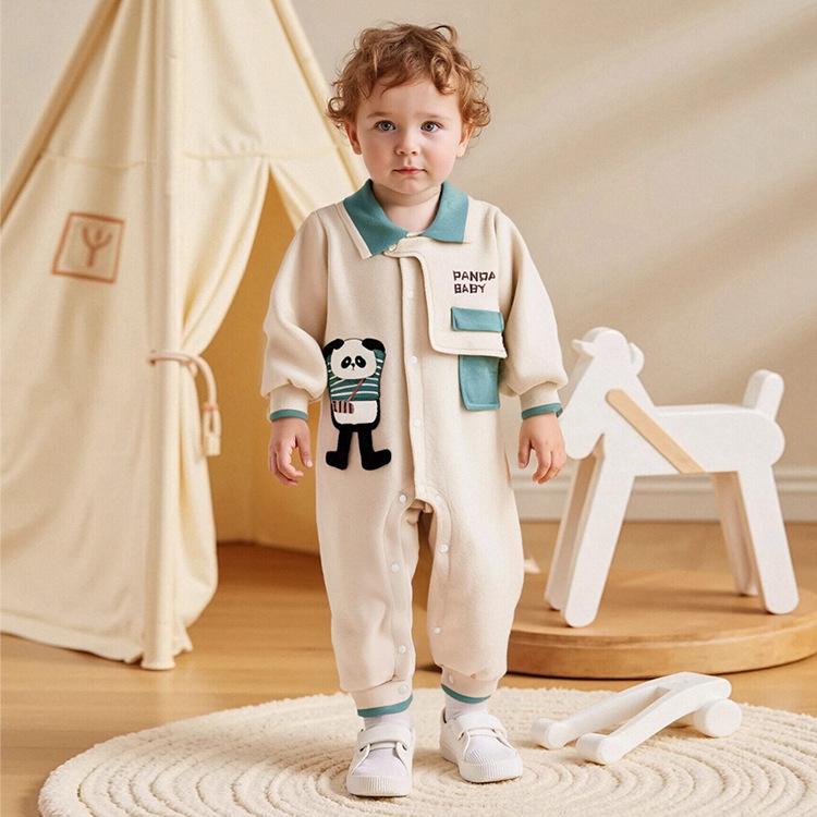 カバーオール 男の子 ベビー パンダ柄 長袖 薄手 春秋 ロンパース コットン 前開き スナップボタン 新生児 乳幼児 肌に優しい お出かけ着 韓国風 グリーン ブラウン