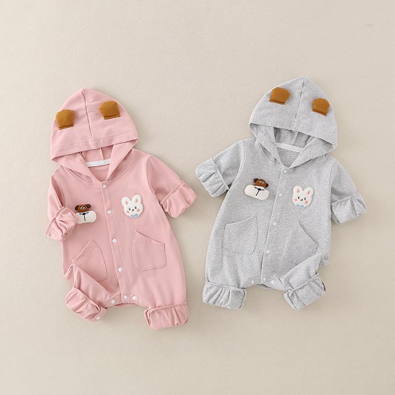 ロンパース カバーオール ベビー 男の子 女の子 春秋 韓国風 おしゃれ 綿 長袖 前開き お出かけ着 ピン..