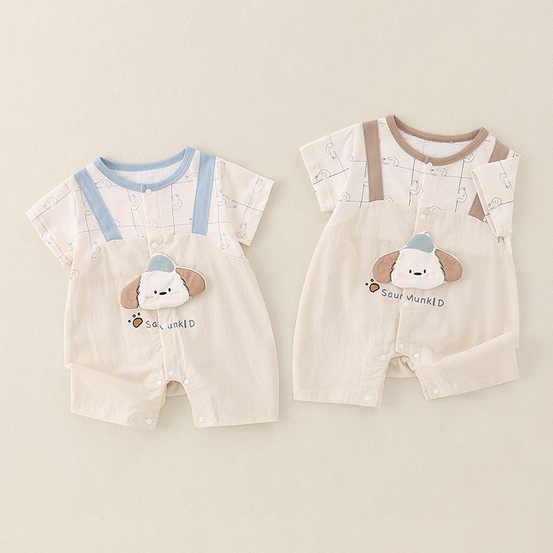 ロンパース 男の子 ベビー服 赤ちゃん 新生児 純綿 コットン 薄手 半袖 接触冷感 吸湿速乾 春夏 ブラウン ブルー