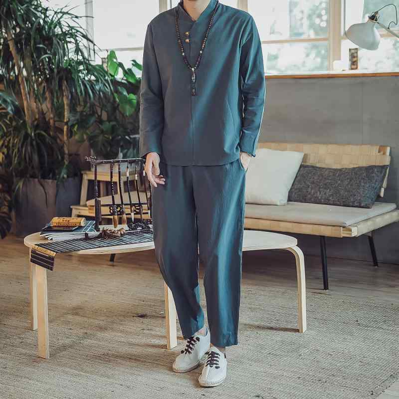 セットアップ メンズ 春秋 中国風 和風 綿麻 長袖 ロングパンツ ゆったり 大きいサイズ レトロ カジュ..