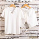 メンズ セットアップ 半袖 Tシャツ ショートパンツ 綿麻 リネン混 夏 薄手 無地 シンプル カジュアル 上下セット 2点セット 普段使い 部屋着 リラックス 吸湿速乾 多色展開(x2)