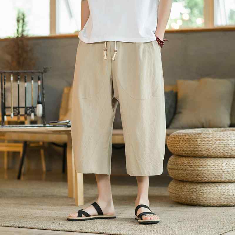 サルエルパンツ メンズ 七分丈 クロップド 大きいサイズ ビッグシルエット 中国風 綿麻 薄手 無地 リラックス 普段使い ルームウェア 春夏 ダークグレー ブラック ワインレッド カーキ ネイビー