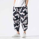 カジュアルパンツ メンズ 男性用 中国風 チャイナ風 レトロ トレンド 綿麻 リネン 8分丈 クロップドパンツ ゆったり ルーズ ストレート 大きいサイズ ビッグサイズ 夏 薄手 普段使い リラックスウェア