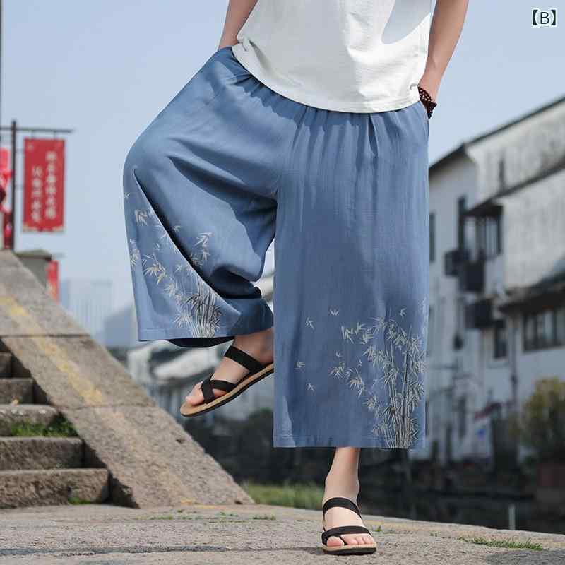 カジュアルパンツ メンズ アンクル丈 ストレート 中国風 レトロ 竹柄 刺繍 ハイウエスト 薄手 綿麻 コットンリネン 大きいサイズ 春夏 ブラック ブルー