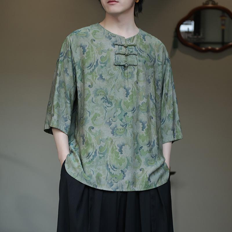 シャツ メンズ 男性用 中国風 レトロ プリント柄 半袖 五分袖 トップス ゆったり ルーズフィット クルーネック 薄手 麻 綿混 大きいサイズ 春夏 カジュアル 普段使い