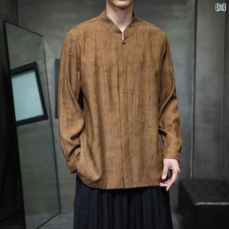 シャツ メンズ 春夏 薄手 接触冷感 麻素材 中国風 新中華風 高級感 サテン調 光沢感 チャイナボタン 長袖 ルーズフィット ビッグシルエット スクエアネック 花柄 カジュアル 普段使い