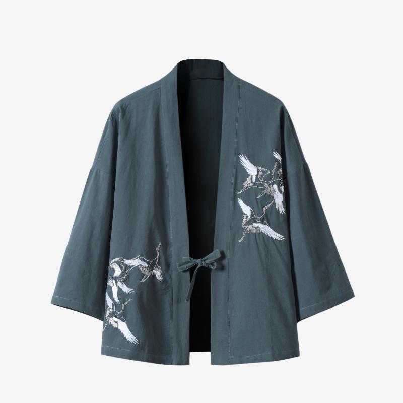 羽織 メンズ 男性 鶴 刺繍 中国風 漢服 和風 レトロ 七分袖 綿 コットン カーディガン ローブ ゆったり 普段使い 春夏