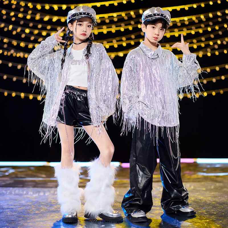 ダンス衣装 キッズ 男の子 女の子 男女兼用 HIP HOP ジャズダンス ストリートダンス ステージ衣装 発表会 イベント スリーピース 3点セット タッセル付き ジャケット ポリエステル 柔らかな肌触り