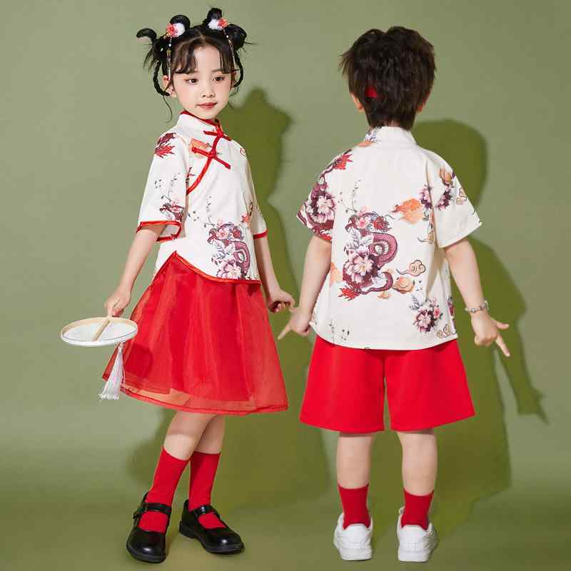 キッズ 発表会 衣装 男女兼用 合唱 運動会 開会式 チアダンス 幼稚園 イベント 舞台 ステージ 中国風 漢服風 中華 コスチューム ポリエステル ユニフォーム