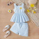セットアップ 女の子 春夏 タンクトップ ショートパンツ 韓国風 花柄刺繍 プリント フリル裾 ポリエステル ソフトな肌触り かわいい 水色 ピンク イエロー キッズ 2点セット