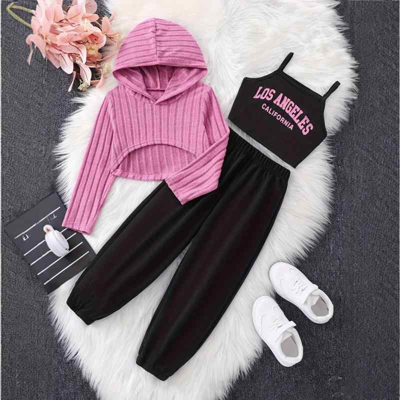 セットアップ 女の子 キッズ 3-10歳 スポーツ カジュアル フード付きスウェット ニットキャミソール ロ..