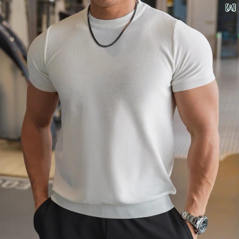 ニット メンズ 半袖 クルーネック スリムフィット 接触冷感 吸湿速乾 通気性 薄手 ポリエステル 春夏 ビジネス カジュアル スポーツ
