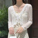 ブラウス レディース 春夏 シフォン 薄手 ショート丈 UVカット カーディガン 羽織り トップス レース オフショルダーデザイン Vネック フリルスリーブ 無地 ポリエステル きれいめ デイリーユース
