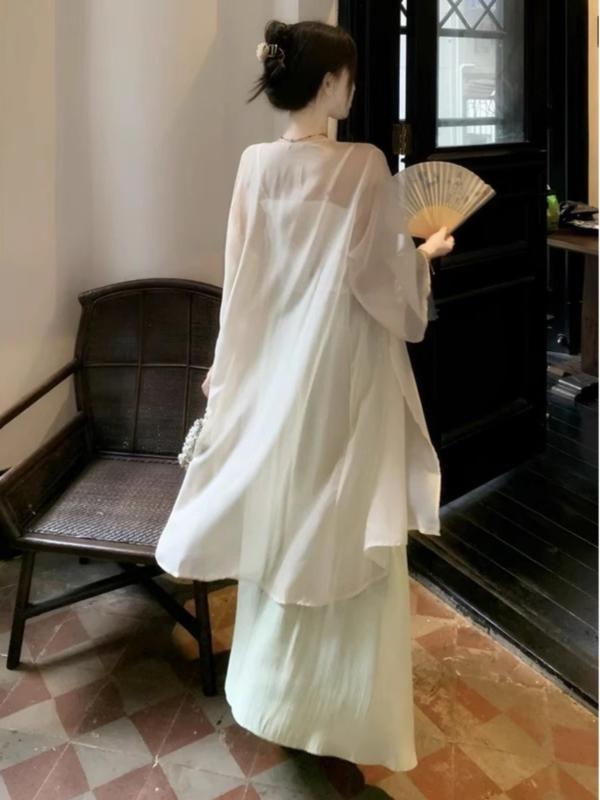 カーディガン レディース 新チャイナ風 禅スタイル 接触冷感 UVカット シフォン 再生繊維 ミドル丈 ゆったり ポロ襟 パフスリーブ 長袖 シアー 羽織り 春夏 大人カジュアル 上品