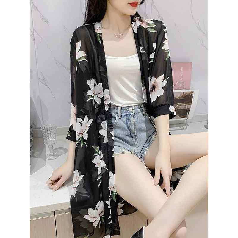 羽織り レディース カーディガン UVカット 冷房対策 シフォン 透け感 ミドル丈 薄手 軽量 Vネック パフスリーブ 花柄 ドット柄 無地 韓国ファッション 大人カジュアル 春夏