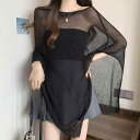 トップス レディース 春夏 薄手 UVカット 韓国風 アシンメトリー デザイン プルオーバー 長袖 ショート丈 ショール風 ポリエステル ゆったり エアコン対策 ベージュ ブラック