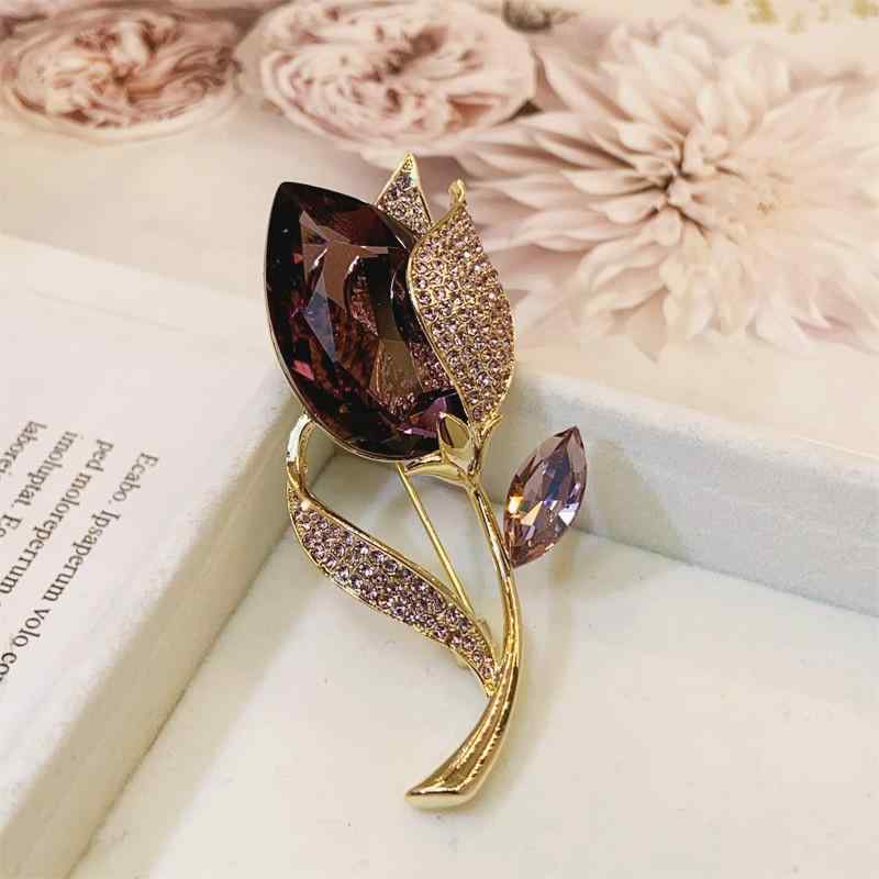 ブローチ レディース 高級感 チューリップ クリスタル 豪華 エレガント 銅製 花 葉 モチーフ 多機能 セーター コート用 アクセサリー 上品 個性的 フォー...