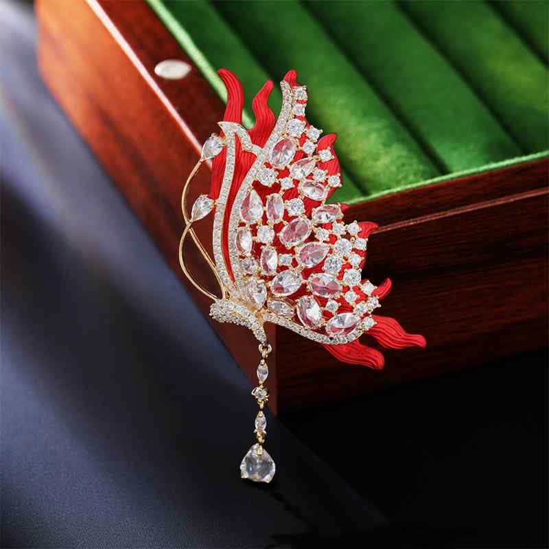 ブローチ レディース 高級感 重厚感 上品 レトロ ヴィンテージ コート アクセサリー コサージュ レッド 蝶 バタフライ ドロップ タッセル エレガント 銅製...