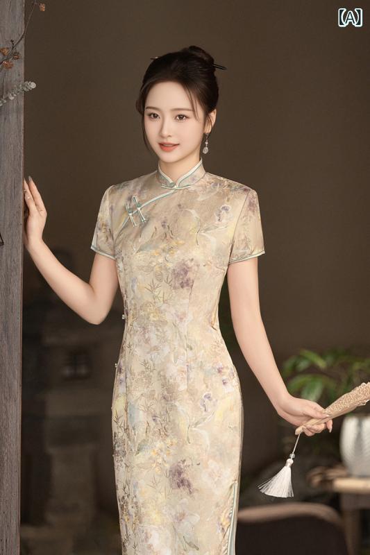 チャイナドレス レディース 改良型 ワンピース ドレス 春夏 ミディ丈 エレガント 高級感 ゆったり 大きいサイズ レトロ クラシック 半袖 スタンドカラー 斜め襟 デイリー 普段使い ポリエステル アセテート 伸縮性素材