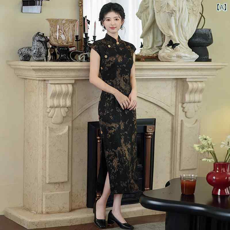 チーパオ レディース ノースリーブ ロング丈 新チャイナドレス 中国風レトロ 花柄 春夏 スタンドカラー 斜め合わせ 低めスリット ポリエステル 再生繊維 立体柄 シルケット加工 光沢感 高級感