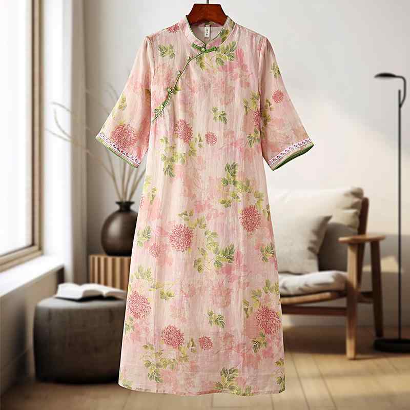 ワンピース レディース 女性用 改良チャイナドレス スタンドカラー ラミー 花柄 七分袖 ミディ丈 レトロ 新中華風 エレガント 上品 植物繊維 普段使い 春夏秋