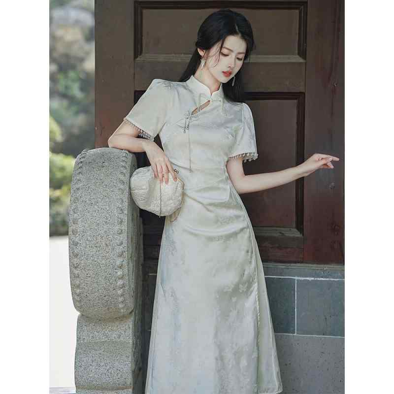 ワンピース レディース 春夏 高級感 エレガント ウエストマーク ロング丈 着痩せ モダン 改良チャイナ..