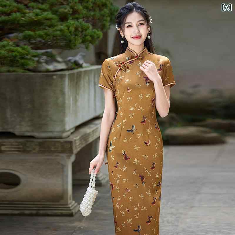 チャイナドレス レディース 新中式 絶美 民国風 オールド上海スタイル 高級感 エレガント 上品 ロング丈 フォーマル パーティードレス 普段使い 春夏 結婚式 お呼ばれ ポリエステル スタンドカラー 斜め襟